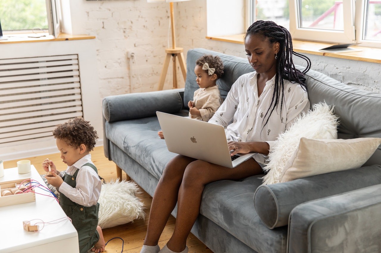 woman with children working from home